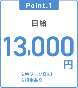 Point.1 日給13,000円　※WワークOK！規定あり